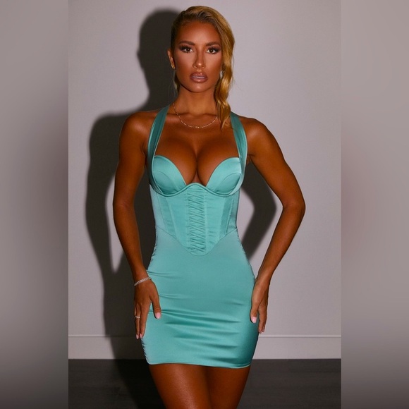 Mini Dress - Aqua Marin - Oh Polly - Deluxe Corset Satin - Small / 04 US - Picture 4 of 17